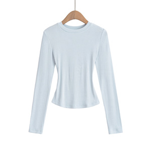 T-shirt côtelé à manches longues et col rond pour femme, couleur unie, tendance - Product Image 4