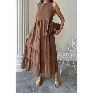 Sleeveless Long <b>Linen</b> <b>Dress</b> Brown <b>Maxi</b> Tiered Back Zip S Size - Product Image 3