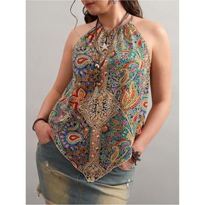Women's Plus Size Paisley Halter Top Boho <b>Tie</b> <b>Back</b> Asymmetrical Summer Top Sleeveless Woven Viscose Polyester Leisure Wear - Product Image 3
