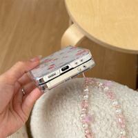 Coque de téléphone florale rouge tulipe style Cottagecore pour Galaxy Z Flip 8-3 avec sangle mignonne en perles de cristal rose 3-en-1 et protection pliable