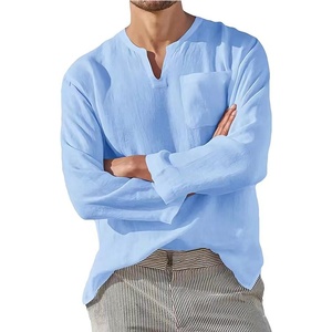 <span class=keywords><strong>Camicia</strong></span> da <span class=keywords><strong>uomo</strong></span> a maniche lunghe in <span class=keywords><strong>misto</strong></span> cotone e <span class=keywords><strong>lino</strong></span>, tinta unita, con colletto alla coreana, stile casual da spiaggia, caldo bestseller dalla fabbrica cinese - Product Image 3