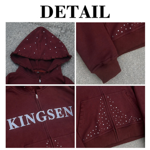 เสื้อฮู้ดซิป Y2K แบบหนา ประดับเพชร รุ่นวินเทจ สีแดงเบอร์กันดี แต่งระบายลายกราฟิก สไตล์สตรีทแวร์ สำหรับผู้ชาย แบบซิปเต็มตัว - Product Image 6