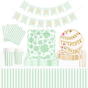 Custom Green Four-<b>Leaf</b> Clover Candy Strip Plate Set Birthday Party Decoration Items Disposable Plates, Paper Cups - Product Image 1