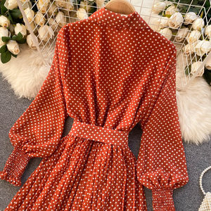 Vestidos Vintage de Diseñador Otoño 2026 para Mujer, Nueva Colección <span class=keywords><strong>en</strong></span> Oferta, Vestido de Gasa con Estampado de Puntos, Plisado, Manga Larga, Botones Decorativos - Product Image 6