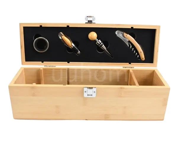 Kit de saca-rolhas de vinho de madeira de bambu para abrir garrafas, kit de acessórios para vinho, 4 peças por atacado