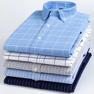 Groothandel Katoenen Geruit Oxford Shirt Voor Mannen Button Down Kraag Slim Fit Lange Mouw Heren Gestreepte Shirts