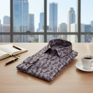 Chemise en polyester TR à manches longues, coupe ajustée, imprimée, avec détails tissés, couleur marron - Product Image 3