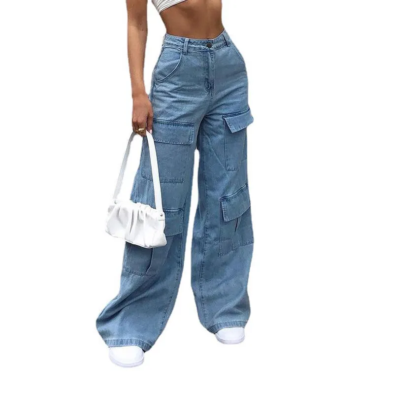 TWOTWINSTYLE High Waist Cotton Material Loose Light Blue Denim Jeans Pants For Women