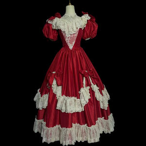 Abito <span class=keywords><strong>da</strong></span> <span class=keywords><strong>Sera</strong></span> Vintage Moderno in Raso Rosso Vino, Stile Principessa, con Volant Bianchi, Pizzo, Scollo a Barca, Maniche Corte, Perline e Grande Fiocco per Matrimonio - Product Image 3