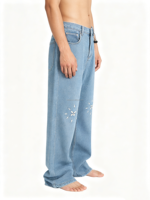 Pantalon large en jean bleu clair déchiré avec strass brillants style Y2K, mode urbaine, pour hommes, vente en gros, logo personnalisé