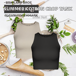 Venta al por mayor de tops de verano de algodón transpirables para mujer, chalecos casuales acanalados sin mangas con cuello redondo, tops cortos de punto. - Product Image 2