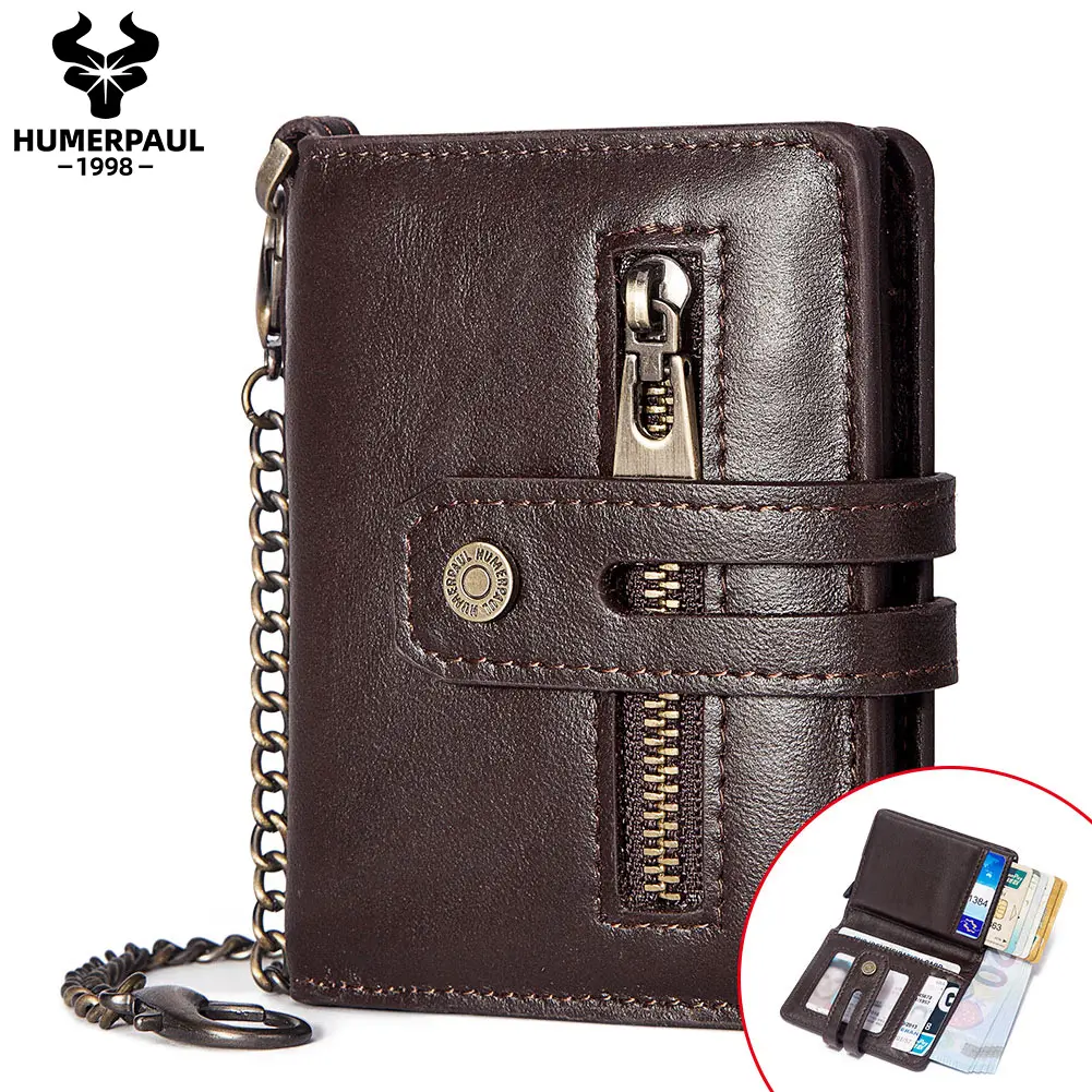 HUMERPAUL Unisex coin pocket key chain minimalist genuine leather card holder card wallet pop up custom metal rfid card wallet