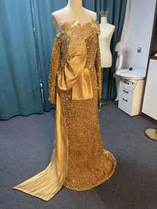 Gaun malam elegan gaun Formal putri duyung berpayet lengan panjang gaun pesta dansa applique renda manik-manik emas - Product Image 3