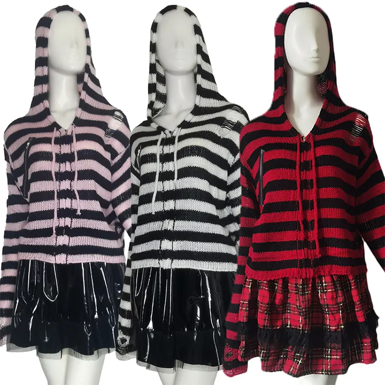 2023 Spring Cardigan Sweater For Women Hooded Zip Up Sweaters Striped Mohair Jumpers Long Sleeve Knitted Hoodies Y2K Streetwear