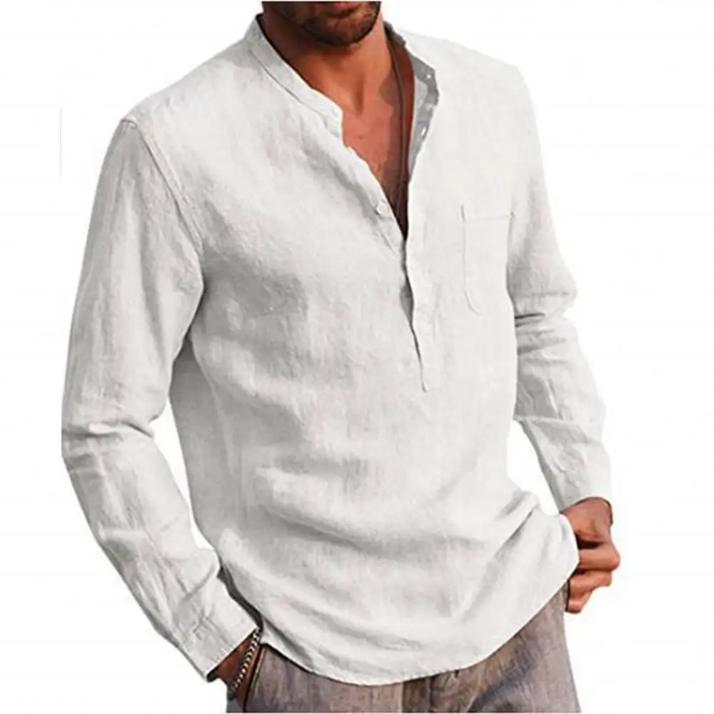 OEM Manufacturer Custom Print Button Down Collar Men's Solid White Blank Embroidered Hemp Blouses Dress Shirts