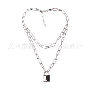 สร้อยคอจี้ล็อคสแตนเลสสองชั้น รูปทรงเรขาคณิต สไตล์พังก์ ฮิปฮอป พร้อมโซ่คล้องเสื้อ สีเงิน - Product Image 5