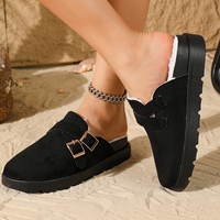 Nouvelles pantoufles d'intérieur pour femmes, mode automne-hiver, bout rond, noires, en velours épais, chaudes, à semelle épaisse, mules à enfiler, pantoufles décontractées
