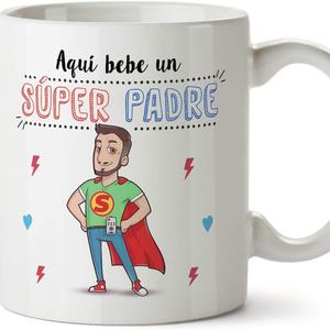 Mug de la fête des pères en espagnol « Aqui Bebe un <span class=keywords><strong>SUPER</strong></span> PADRE » - <span class=keywords><strong>Tasse</strong></span> à café en céramique de dessin animé <span class=keywords><strong>Super</strong></span> <span class=keywords><strong>Papa</strong></span>, cadeau pour <span class=keywords><strong>papa</strong></span> - Product Image 1