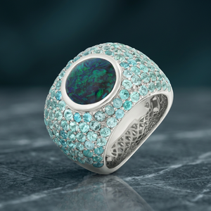 Luxury Women's 925 Silver Cocktail <b>Ring</b> With <b>Opal</b> Center And Pave Set <b>Blue</b> Gemstones Party Jewelry - Product Image 3