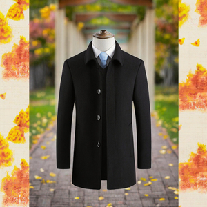 <b>Men's</b> Woolen Overcoat Notched Lapel Single Breasted <b>Long</b> Thick <b>Black</b> Outerwear <b>Coat</b> - Product Image 3