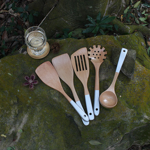 Beechwood Wooden Utensil Set 5 Pieces Silver Handle Spatula Ladle Spoon Non Stick Frying Kitchen Tools - Product Image 3