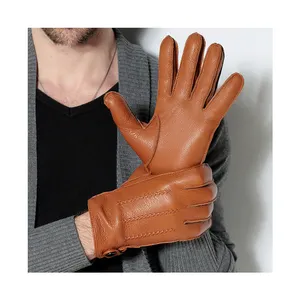 2024 yeni moda dokunmatik ekran nakış kış sürüş rüzgar geçirmez siyah geyik derisi deri eldiven elastik manşet ile