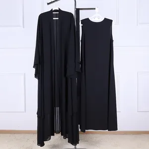 2023エジプトのシフォンエレガントなプラスサイズのプレーンアバヤドレス、ヒジャーブ付きルーズな長袖のイスラム教徒のドレスを持つ控えめな女性のための