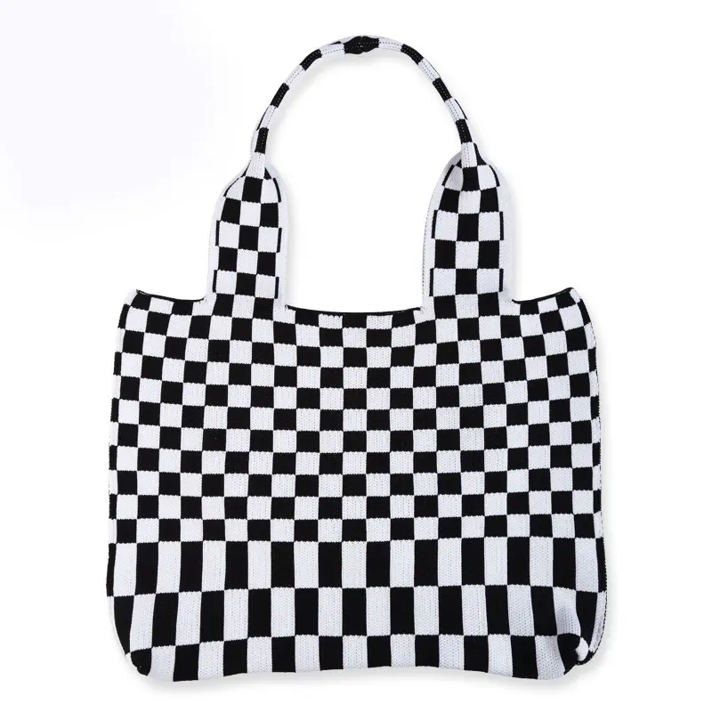 New Checkerboard Knit Large Shoulder Bag Handbag Women Large Shopping Bag Tote Bag Student Backpack