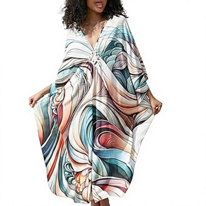 Vestido Abaya Maxi con Cuello en V, Corte Holgado, Sin Mangas, Estampado Bohemio, Dobladillo Acampanado, Poliéster, Ropa de Playa de Verano para Mujer - Product Image 1