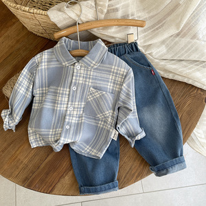 Conjunto de 2 Piezas para Niños, Camisa y Jeans, Primavera Otoño, Nuevo Estilo a Cuadros, Ropa Casual de Mezclilla para Niños Pequeños - Product Image 1