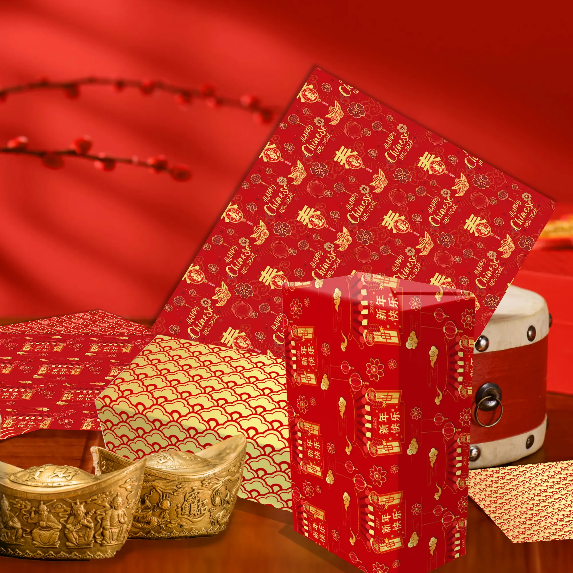 WZ022 Chinese New Year Wrapping Paper Red Gold Spring Festival DIY Candy Packing Gift Wrapping Paper for Dragon Year Party