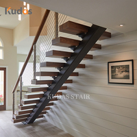 Escalier intérieur moderne en bois de noyer avec marches en bois, monopoutre flottante droite, durable, avec garde-corps à câbles