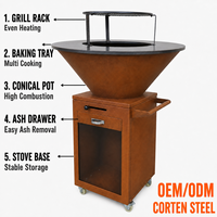 Chariot de brasero mobile en acier Corten avec gril et tiroir sur roues pour patio extérieur, jardin, cour arrière, barbecue