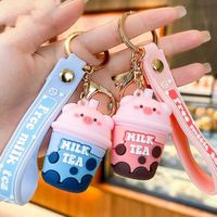Cartoon Schwein Milchtee Schlüsselanhänger Handyband Taschenanhänger Boba Schlüsselring Kawaii Boba Teebecher Schlüsselkette Neuer Bär Gummi-Schlüsselring