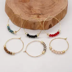 INS Boho Jewelry Women Hematite Spacer Glass Beads Big Gold Crystal 4CM Hoop Earrings