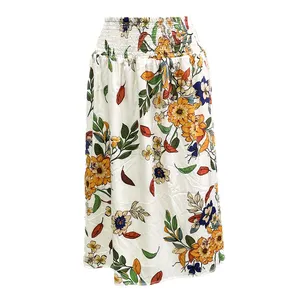 Verano diseño personalizado Casual Cintura elástica ancha falda de satén estampado Floral plisado Falda larga de seda para mujer