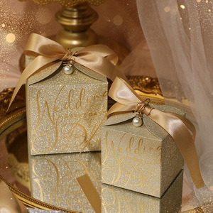 Nuova Scatola Regalo per Confetti Matrimoniali Oro <span class=keywords><strong>e</strong></span> Argento Glitterata Porta Cioccolatini per Feste di Anniversario con Perla <span class=keywords><strong>e</strong></span> Nastro per Ospiti - Product Image 4