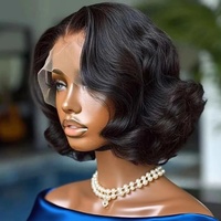 Perruque Bob Courte en Cheveux Humains Brésiliens Naturels, Dentelle HD, Ondulée, Sans Colle, pour Femmes Noires