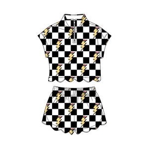 Conjunto de ropa infantil GSSO3580 personalizado Little Active Girl, estampado a cuadros en blanco y negro, con cremallera, manga corta y cuello festoneado, venta al por mayor. - Product Image 1