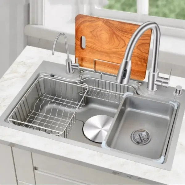 Silber edelstahl manuelle Küchenspüle groß einzelbecken Geschirrspüle Küchenspüle mit Wasserfall-Wasserhahn unter Montage Spülen