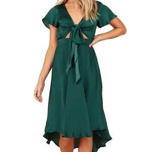 2024 Women's Summer Tie Front Cutout High-Low Satin Dress Pure Color Short-Sleeve Evening Dress For Women New Styles