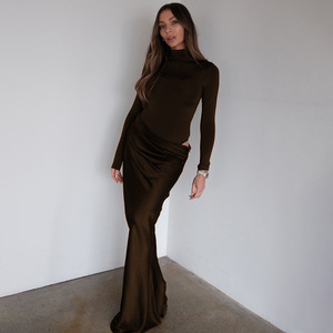 Robe de soirée à col haut, manches longues, coupe ajustée asymétrique, couleur unie, robe longue translucide pour femmes - Product Image 3