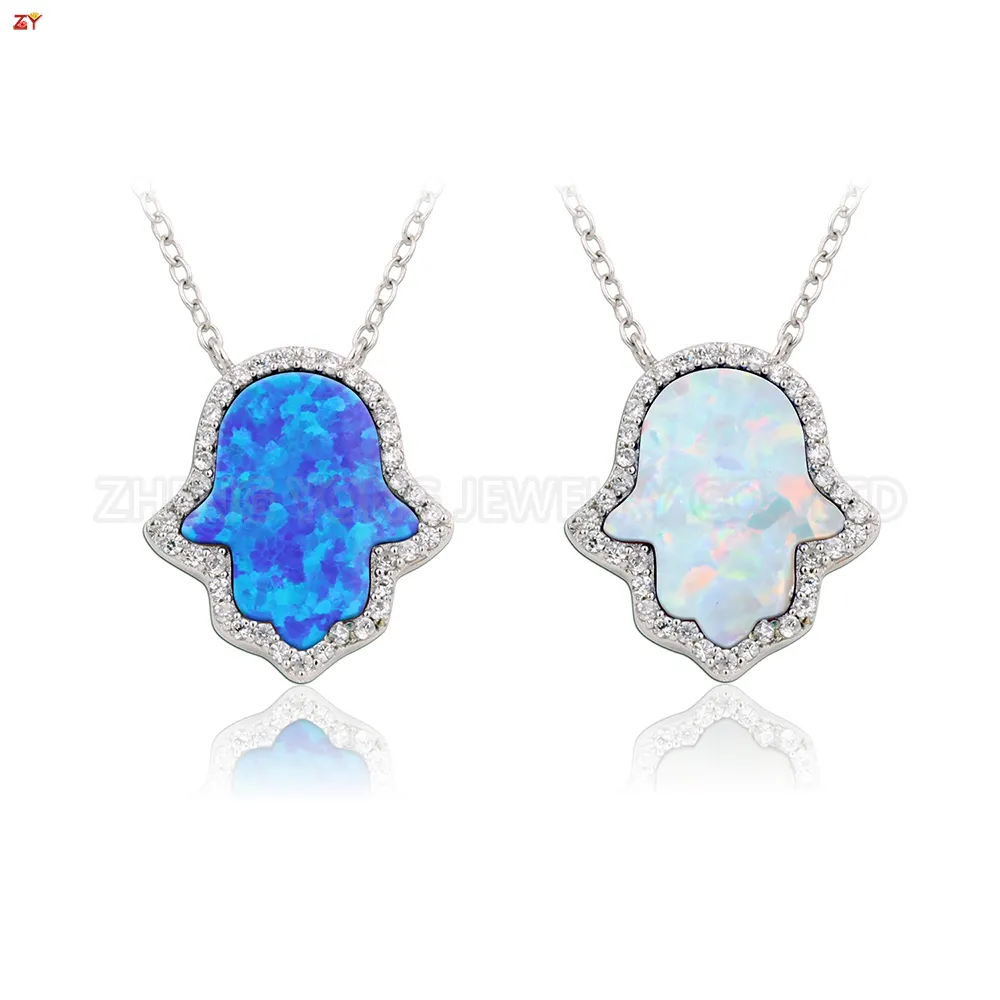 Quantité minimale de commande 1 pièce pendentif hamsa avec CZ diamant 925 argent couleur chaîne à maillons opale synthétique Fatima main bijoux