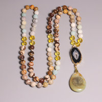 Kalung Citrine Zebra Jasper Mala Liontin Pohon Kehidupan Bentuk Tetesan Air Mata Rantai Sweater Batu Alam Perhiasan Meditasi Yoga