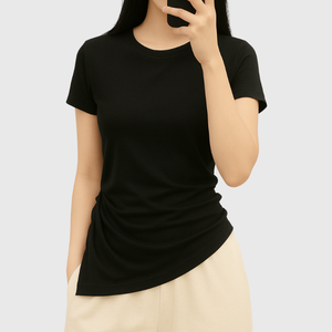 T-shirt d'été pour femme de haute qualité, coupe ajustée, éco-responsable, à ourlet pointu, taille à cordon, respirant, séchage rapide, fabrication vietnamienne - Product Image 1