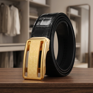 Ceinture en cuir de vachette noir formel pour homme avec boucle rectangulaire dorée, style moulé monobloc durable - Product Image 2