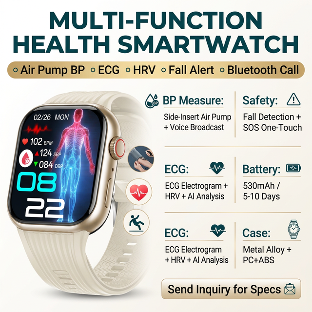Premium Lightweight Air Pump Blood Pressure Smartwatch with Bluetooth Call 1.95 AMOLED Screen for Business Office Daily Wear
