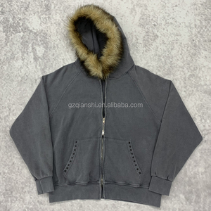 Custom Winter Vintage Double Zip Hoodies Cotton Heavy Weight Faux <b>Fur</b> Hat Hoodie Manufacturers Oversized Acid Wash Zip up Hoodie - Product Image 2
