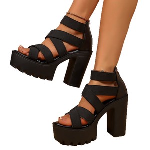 <b>Rubber</b> Open Toe <b>Block</b> Heel PU Sandals, Women One Strap Elastic Band Platform High Heel Fashion Slides - Product Image 5