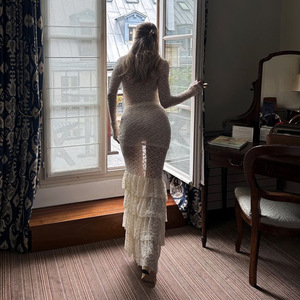 Lace Long Sleeve Sheer Layered Midi Dress Square Neck Slim Fit Cocktail Dress - Product Image 3